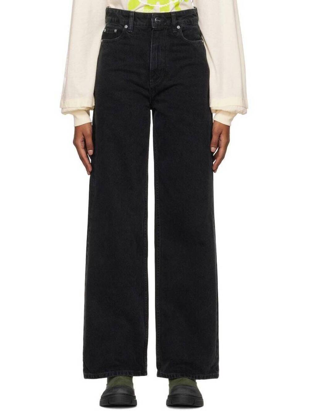 GANNI Magny High Waist Wide Leg Jeans Washed Black Organic Denim 25